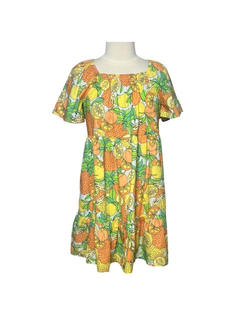 Peyton & Parker Fruit Print Cotton Dress Size Small Yellow Green Tropical Summer - Picture 2 of 8